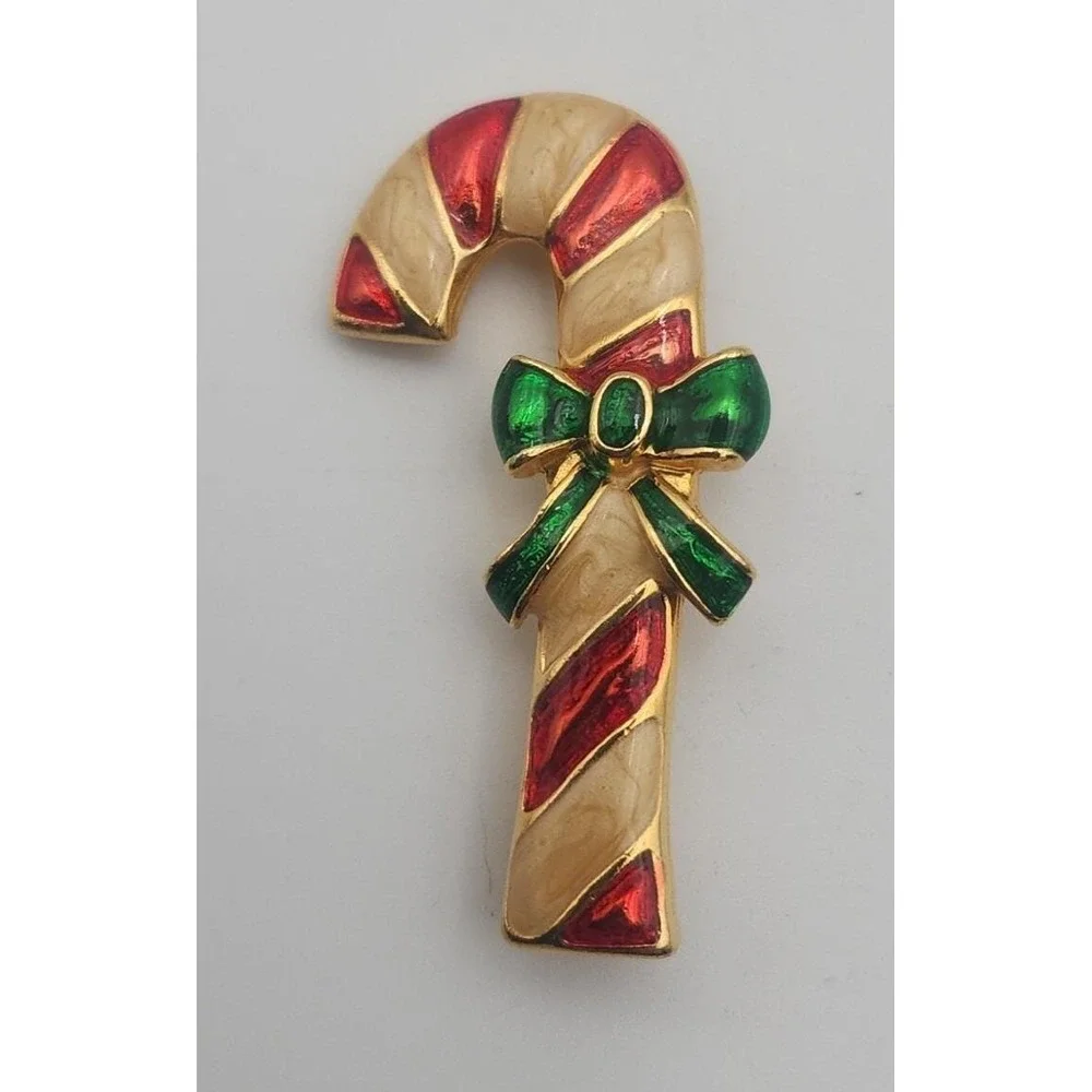 Vintage gold tone enamel Christmas‎ holiday candy cane w/ bow brooch pin